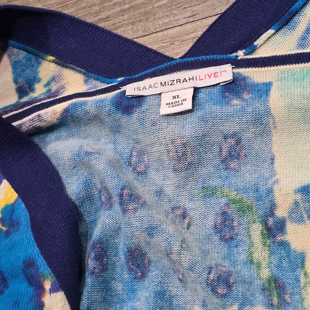 Isaac Mizrahi Live! Blue & Green Abstract Floral Print Wrap Cardigan Sweater - Picture 4 of 6